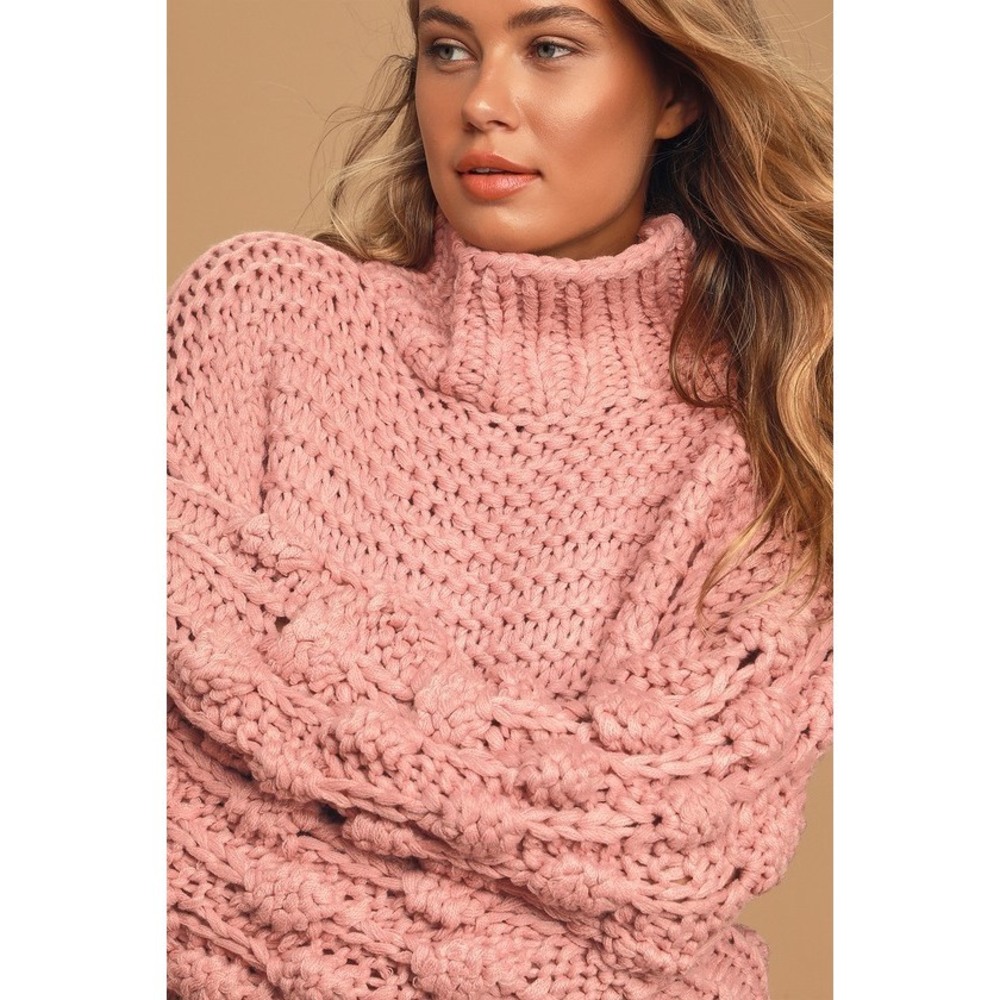 Lulus Big Softy Mauve Pom Pom Sleeve Chunky Knit Turtleneck Sweater Purple